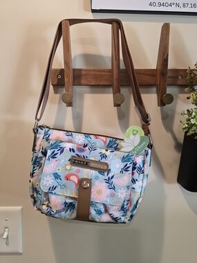 Lily Bloom Light Blue Floral Crossbody with Tan Strap